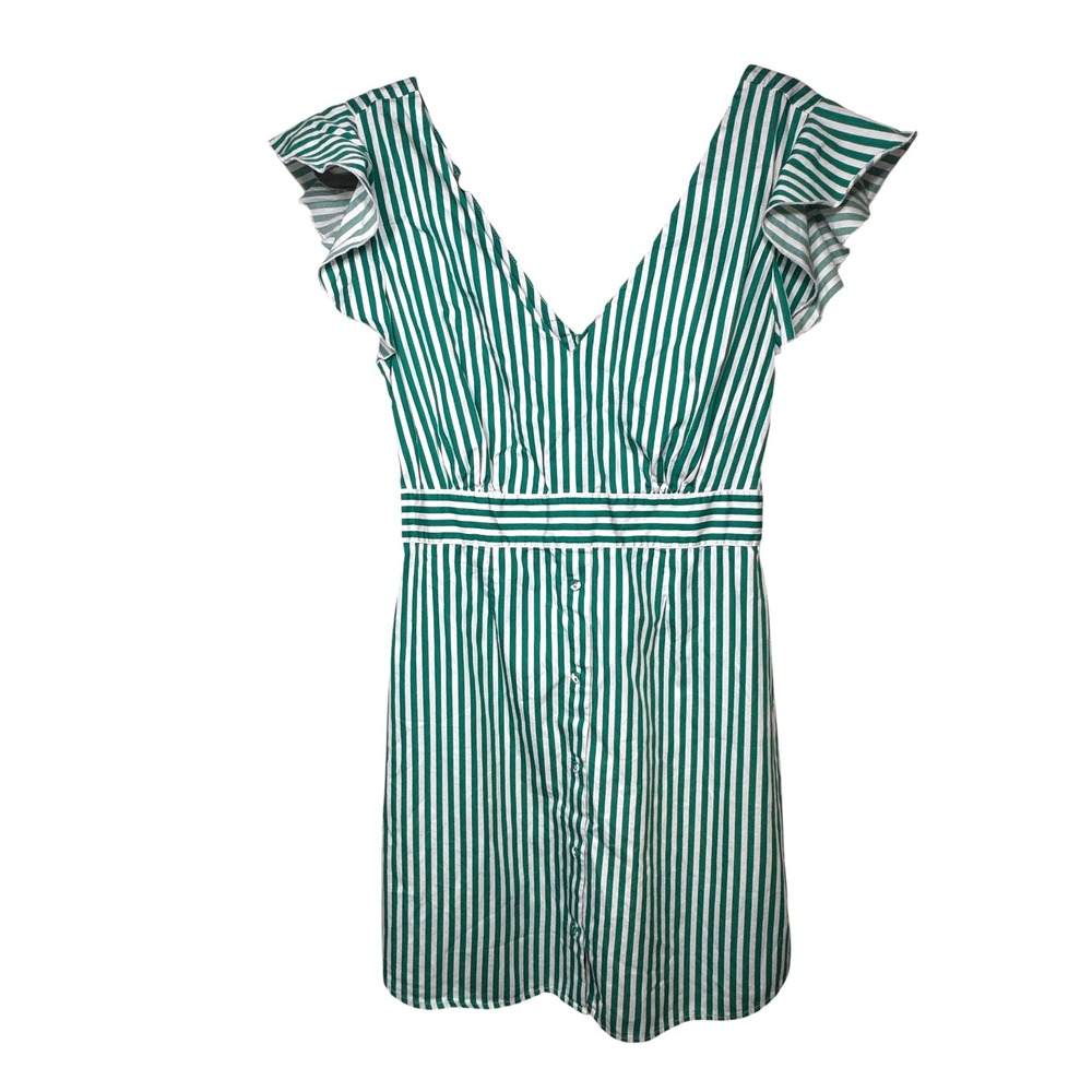 BB Dakota Peppermint Striped Ruffle Mini Dress Womens 8 Green White Cotton Vneck